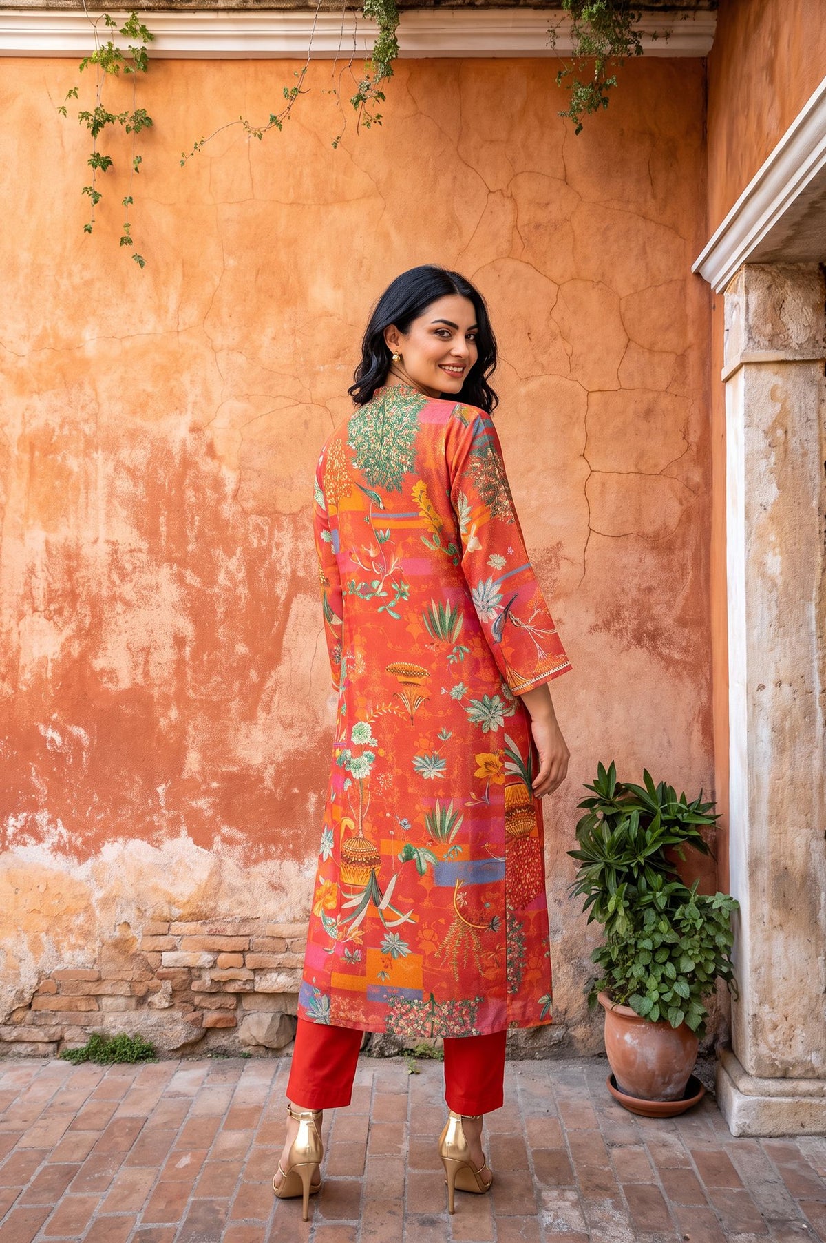 Orange Floral Printed Tissue Crape Straight Kurta