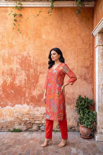 Orange Floral Printed Tissue Crape Straight Kurta
