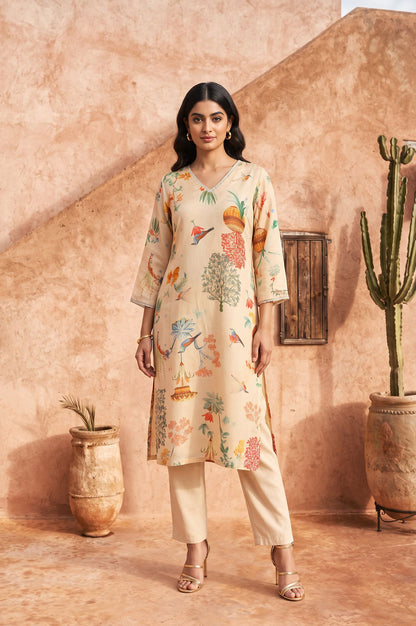 Beige Floral Printed Tissue Crape Straight Kurta