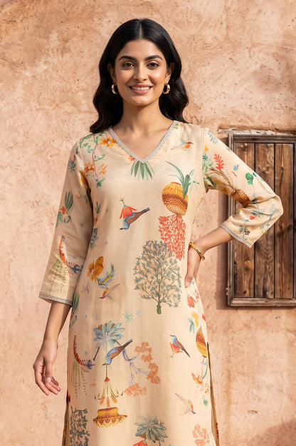 Beige Floral Printed Tissue Crape Straight Kurta
