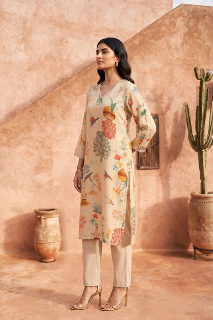 Beige Floral Printed Tissue Crape Straight Kurta
