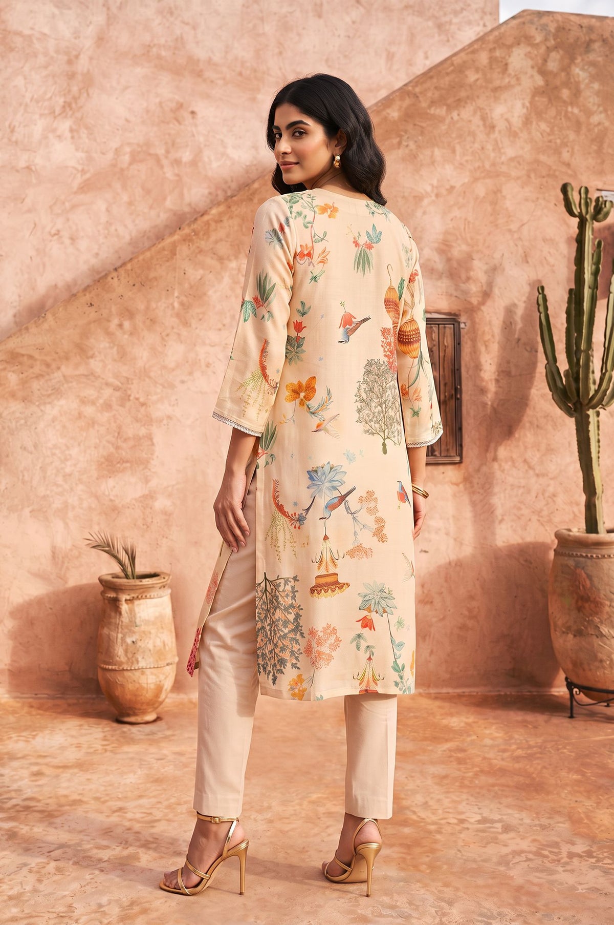 Beige Floral Printed Tissue Crape Straight Kurta