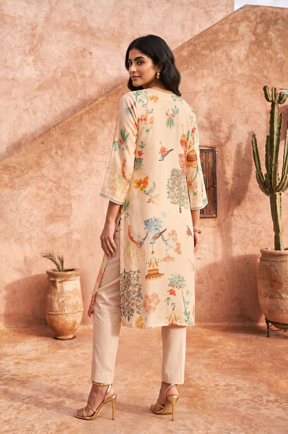 Beige Floral Printed Tissue Crape Straight Kurta