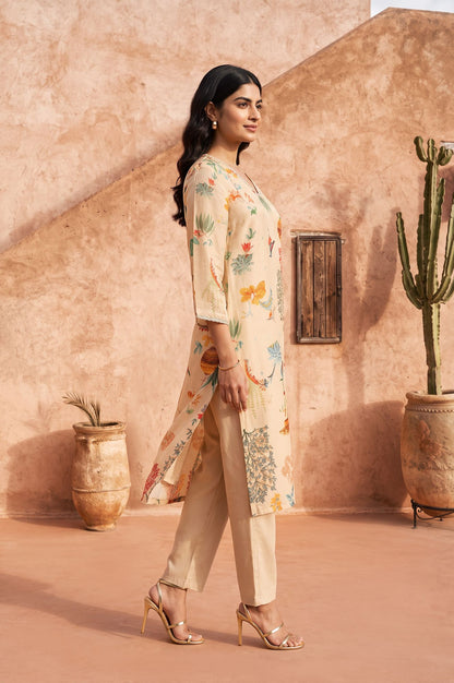 Beige Floral Printed Tissue Crape Straight Kurta