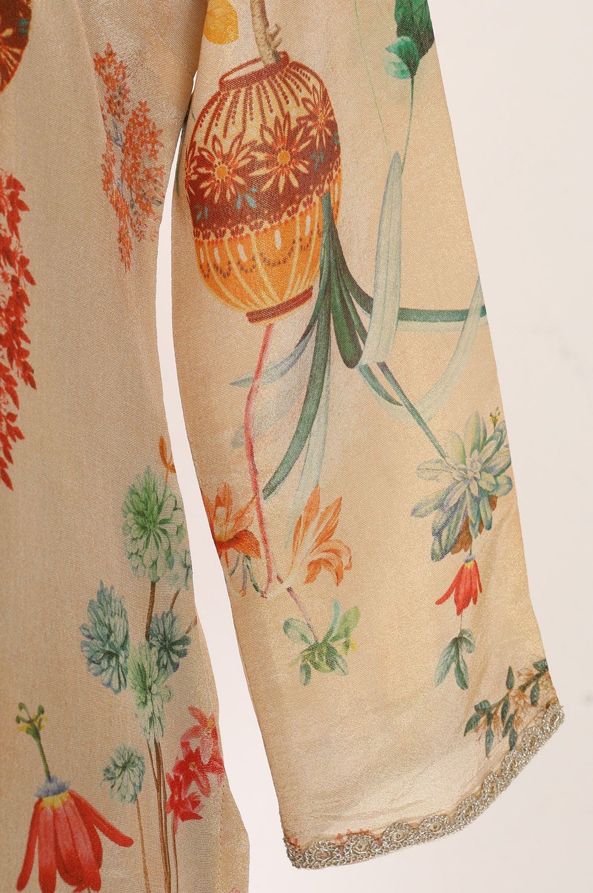 Beige Floral Printed Tissue Crape Straight Kurta