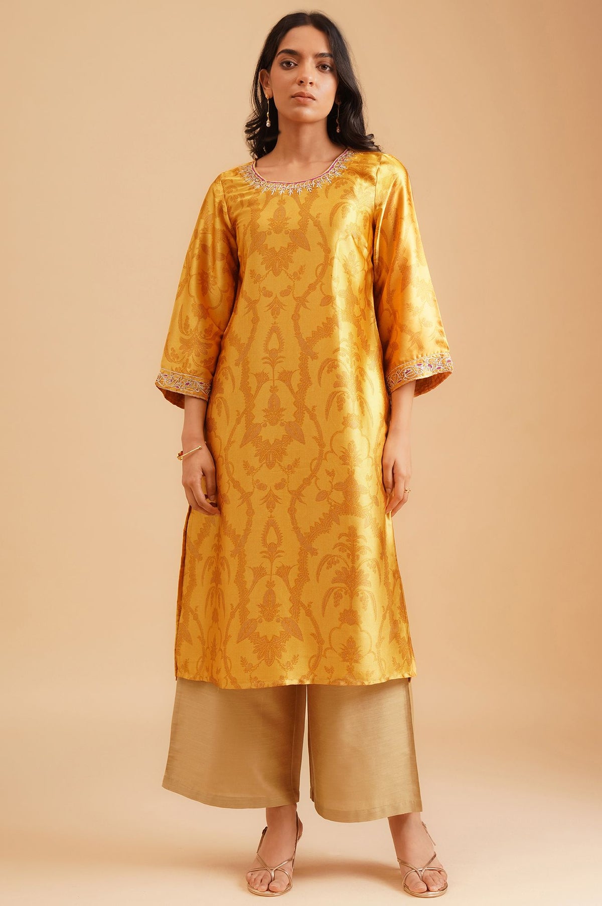 Yellow Ethnic Motifs Zari Embroidered Satin Straight Kurta