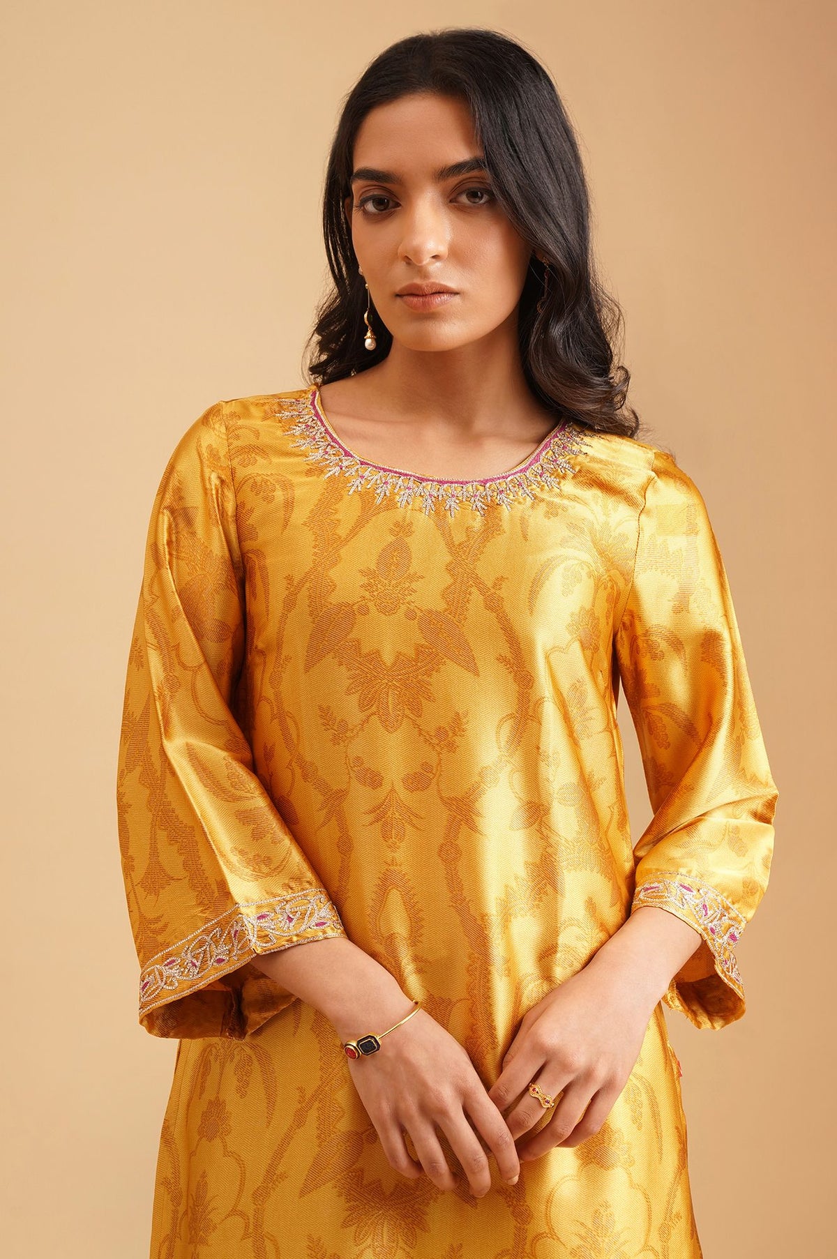 Yellow Ethnic Motifs Zari Embroidered Satin Straight Kurta