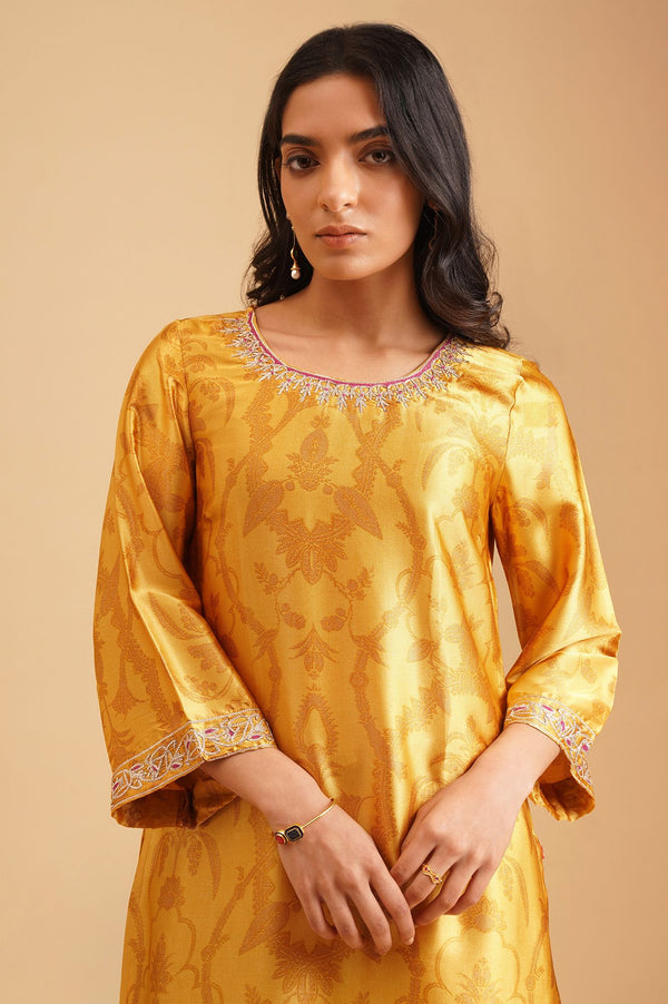 Yellow Ethnic Motifs Zari Embroidered Satin Straight Kurta