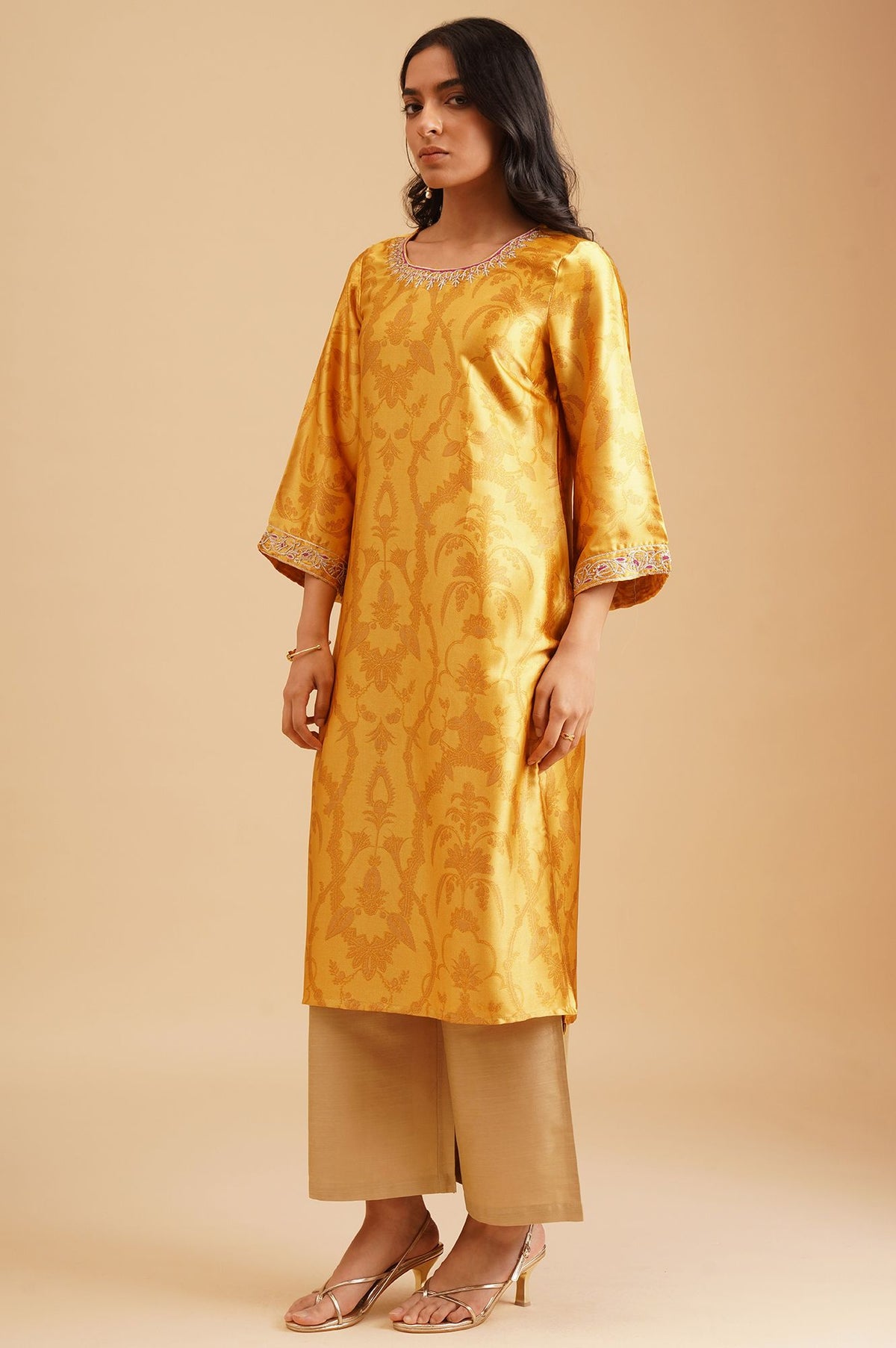 Yellow Ethnic Motifs Zari Embroidered Satin Straight Kurta