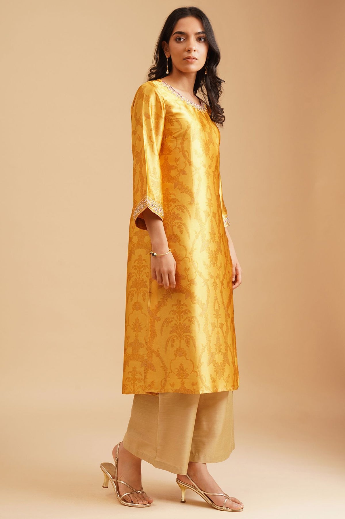 Yellow Ethnic Motifs Zari Embroidered Satin Straight Kurta