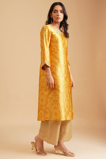 Yellow Ethnic Motifs Zari Embroidered Satin Straight Kurta
