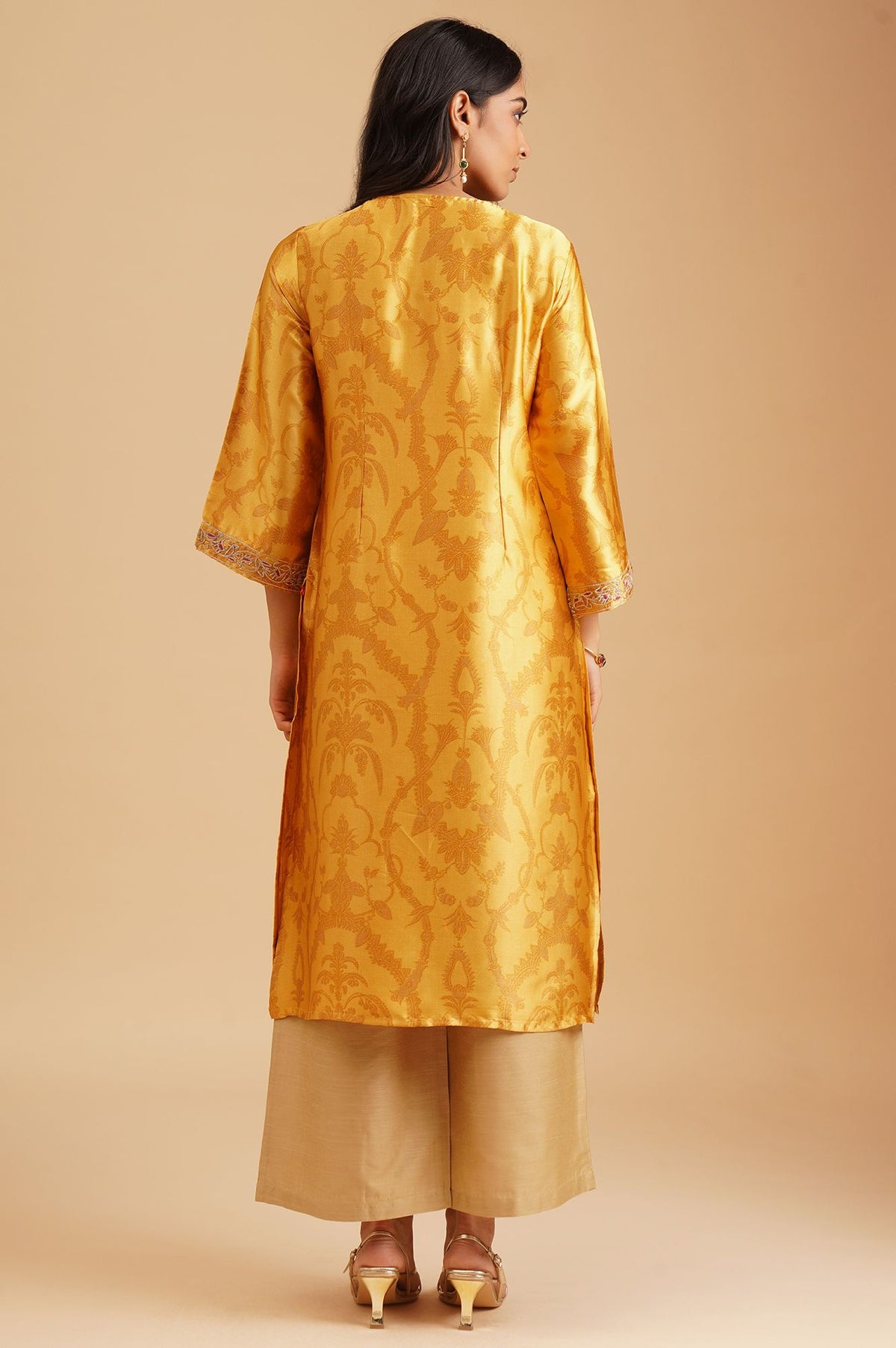 Yellow Ethnic Motifs Zari Embroidered Satin Straight Kurta