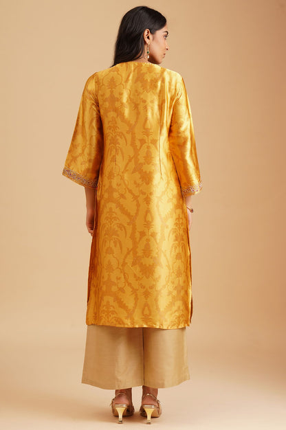 Yellow Ethnic Motifs Zari Embroidered Satin Straight Kurta