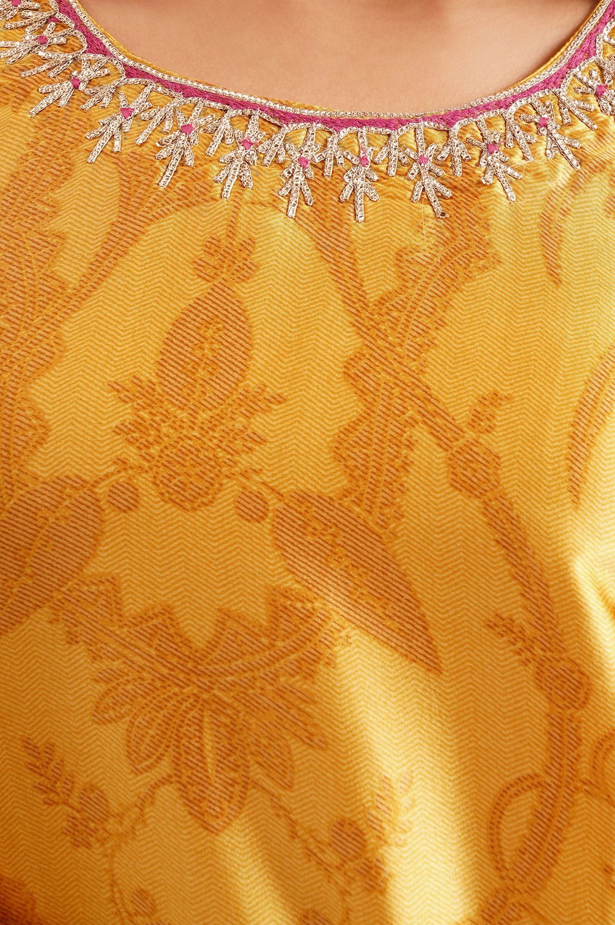 Yellow Ethnic Motifs Zari Embroidered Satin Straight Kurta