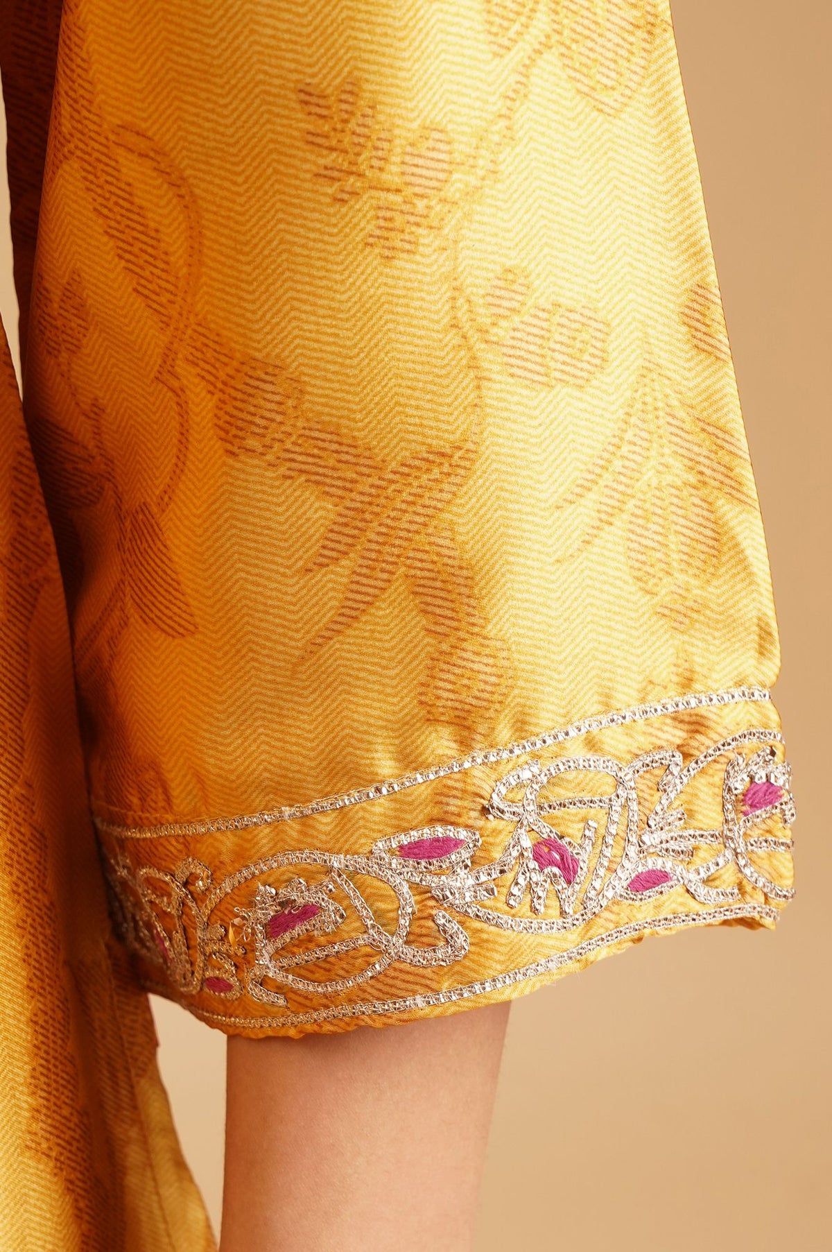 Yellow Ethnic Motifs Zari Embroidered Satin Straight Kurta