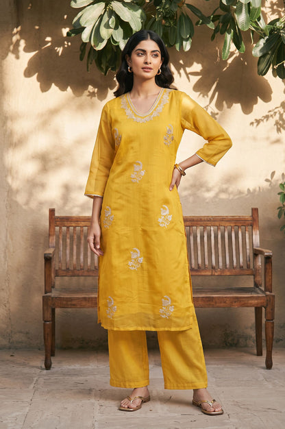 Yellow Embroidered Chanderi Straight Kurta