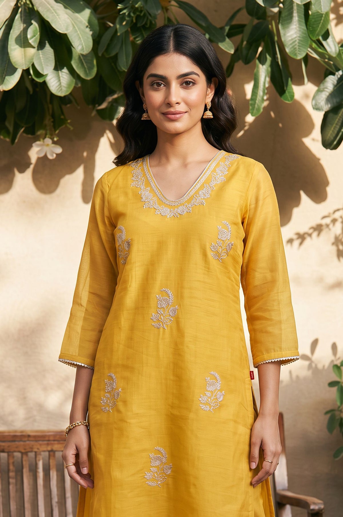 Yellow Embroidered Chanderi Straight Kurta