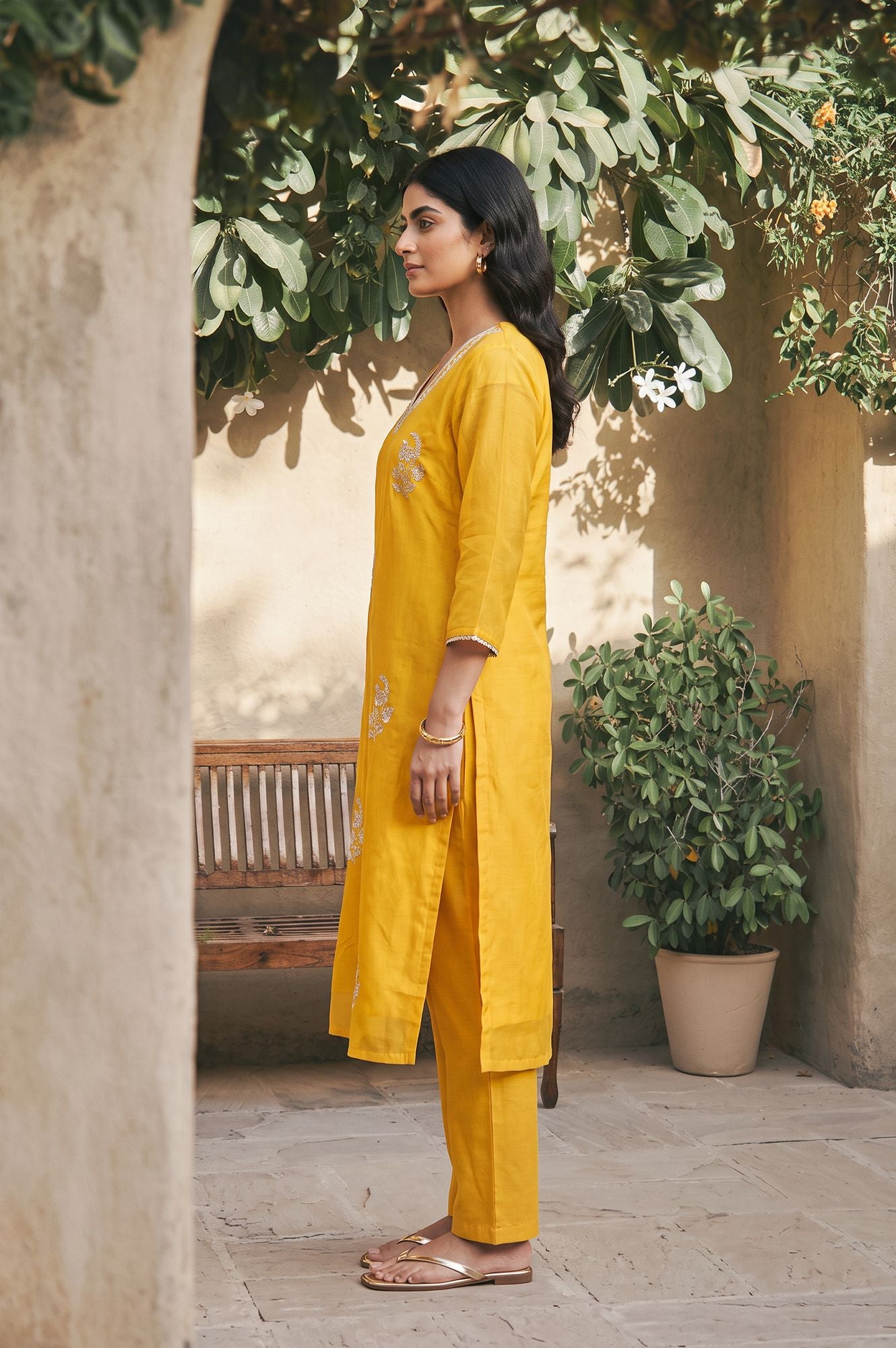 Yellow Embroidered Chanderi Straight Kurta