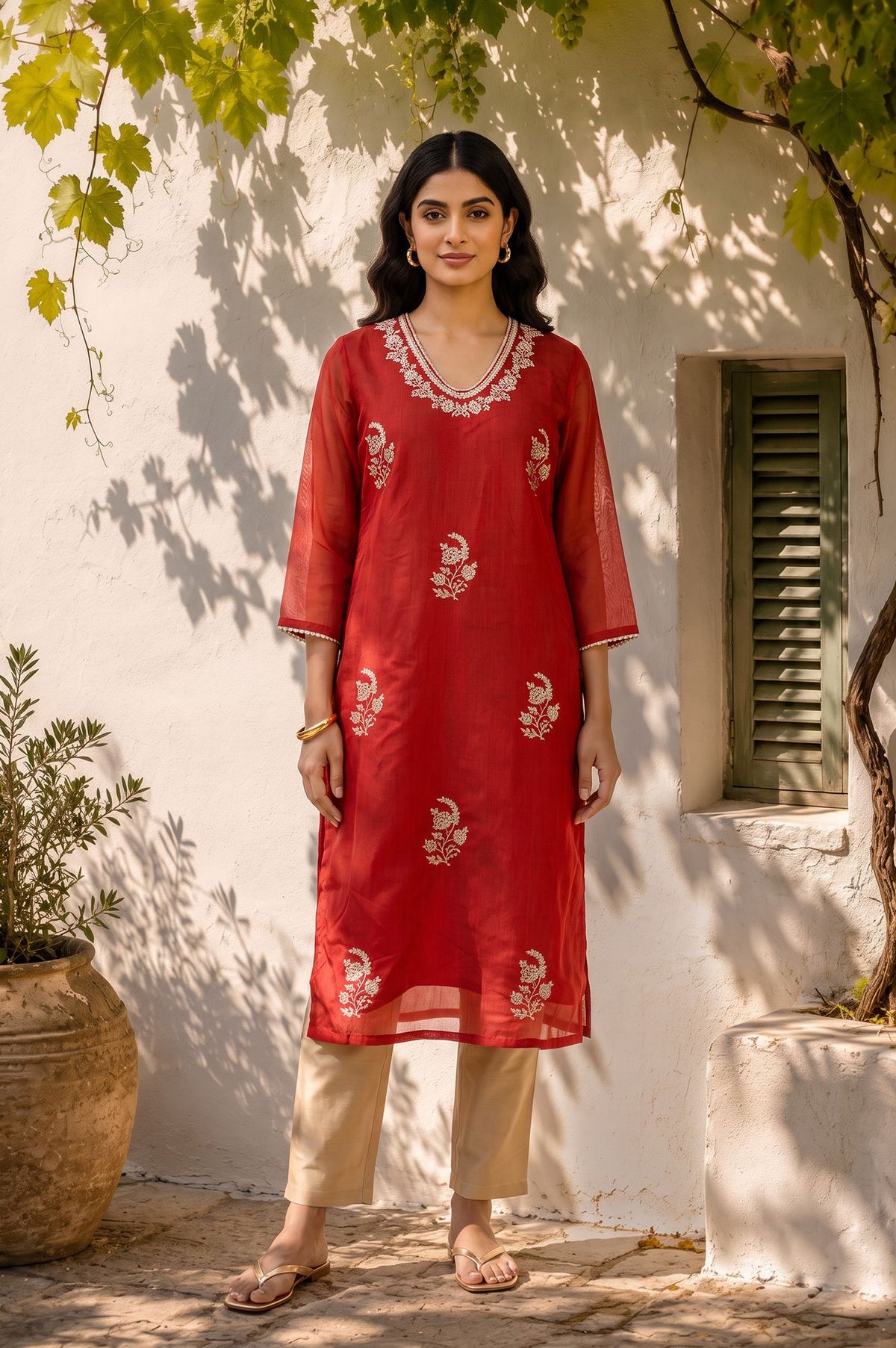 Red Embroidered Chanderi Straight Kurta
