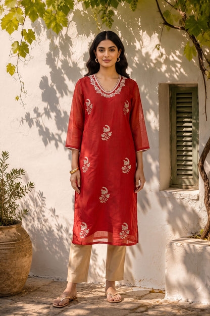 Red Embroidered Chanderi Straight Kurta