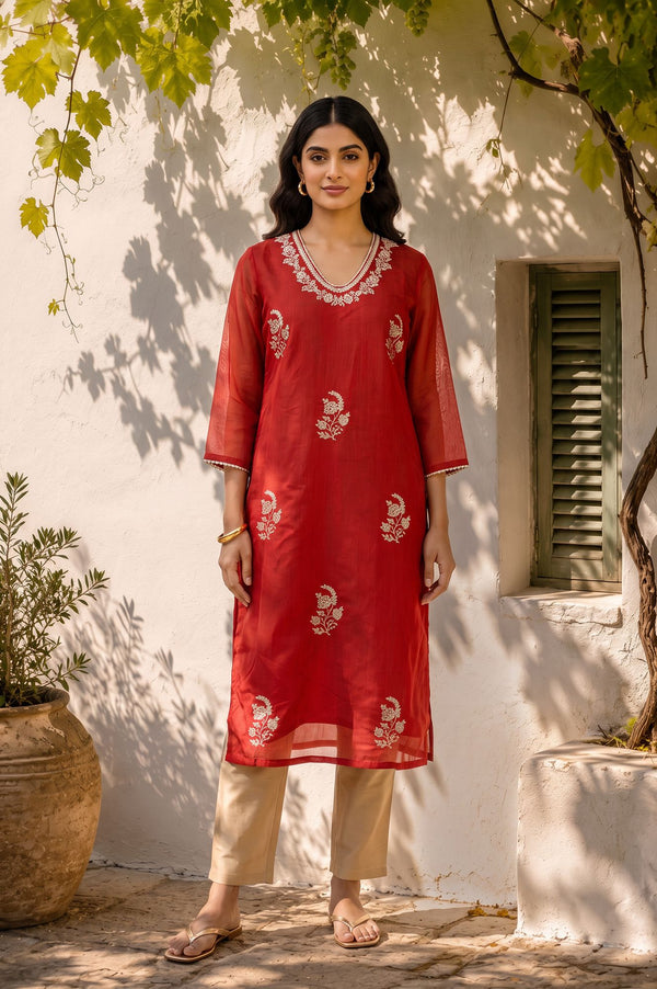 Red Embroidered Chanderi Straight Kurta