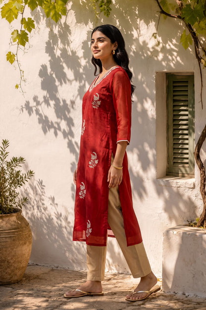 Red Embroidered Chanderi Straight Kurta