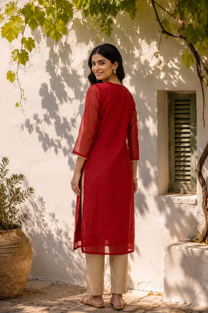 Red Embroidered Chanderi Straight Kurta