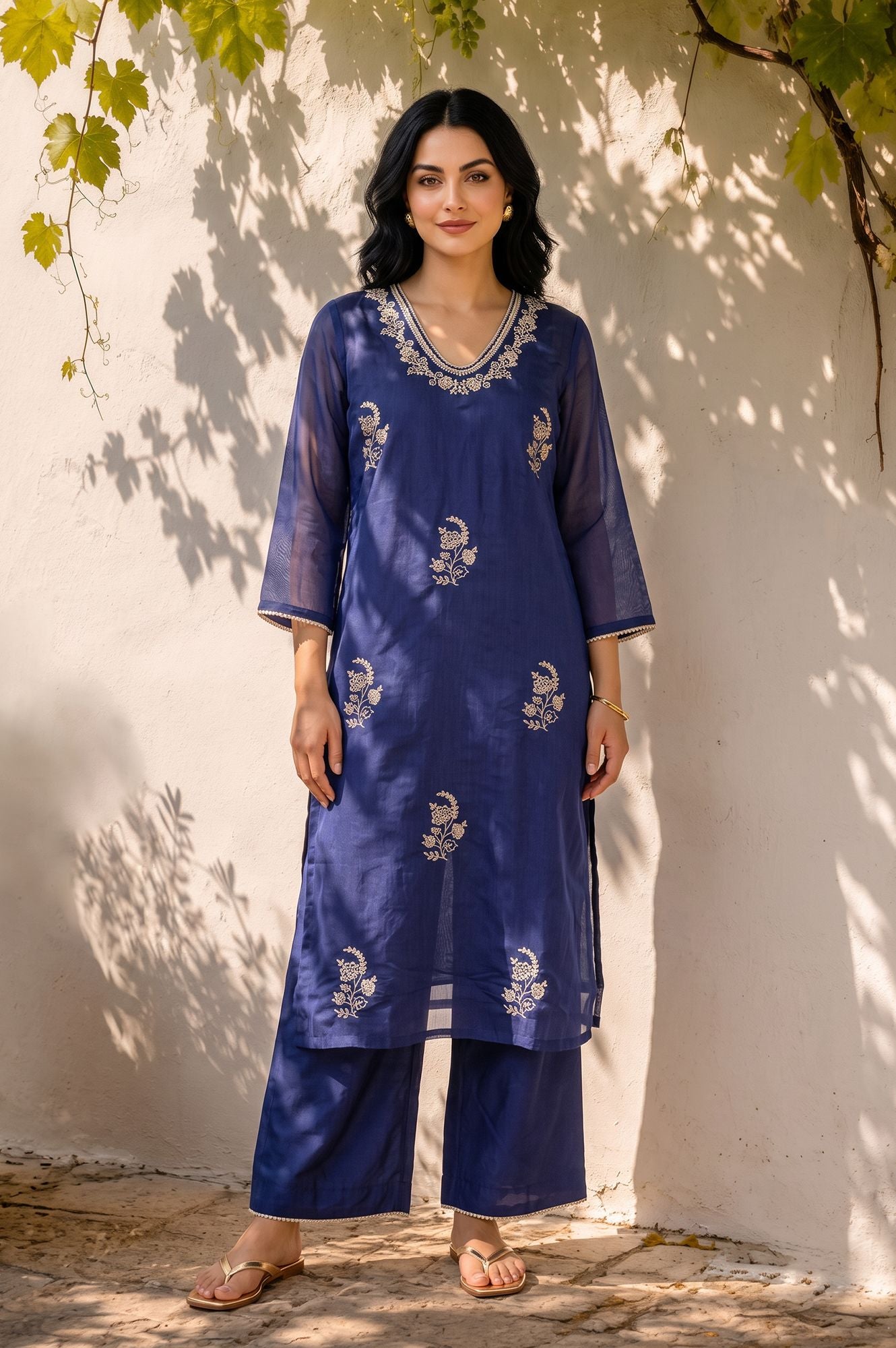 Navy Blue Embroidered Chanderi Straight Kurta