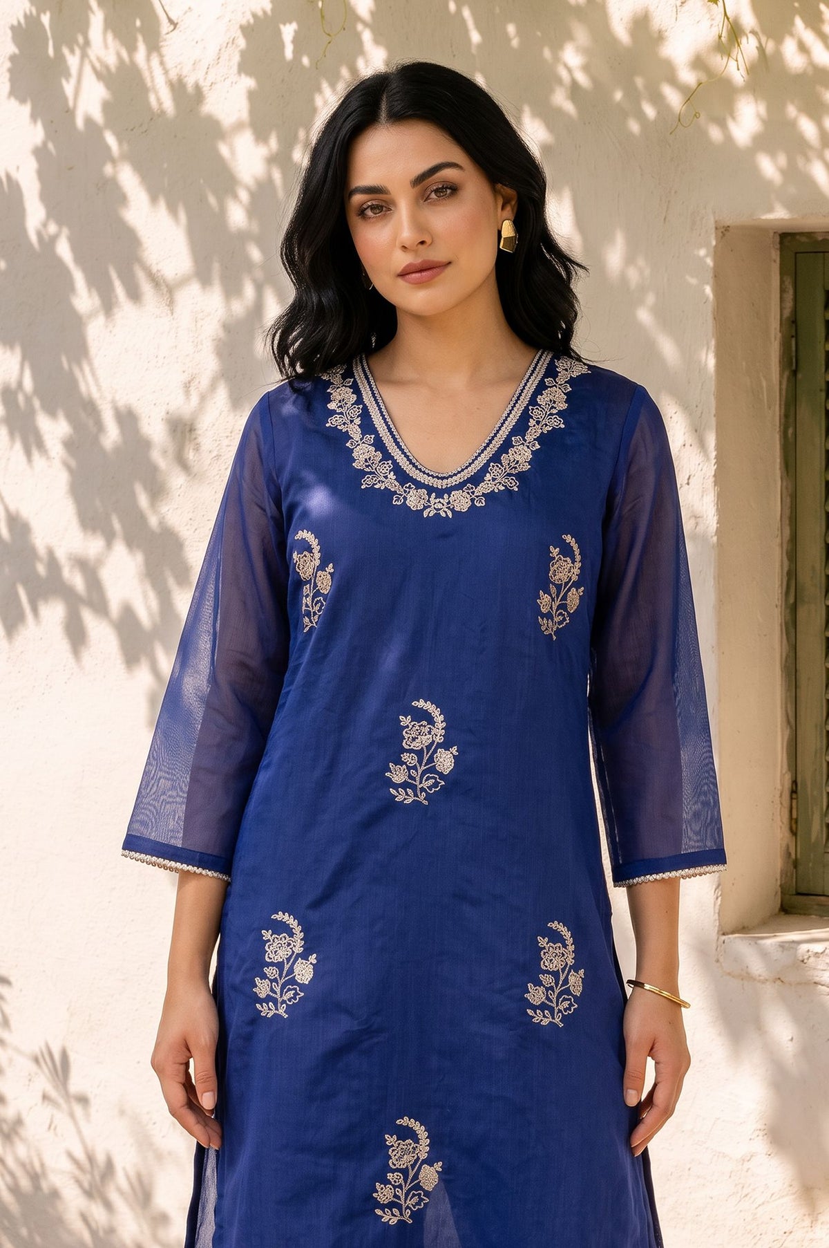 Navy Blue Embroidered Chanderi Straight Kurta