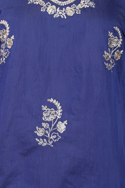 Navy Blue Embroidered Chanderi Straight Kurta