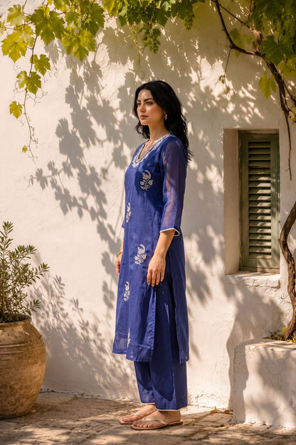 Navy Blue Embroidered Chanderi Straight Kurta