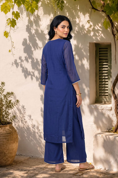 Navy Blue Embroidered Chanderi Straight Kurta