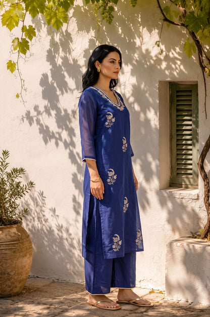 Navy Blue Embroidered Chanderi Straight Kurta