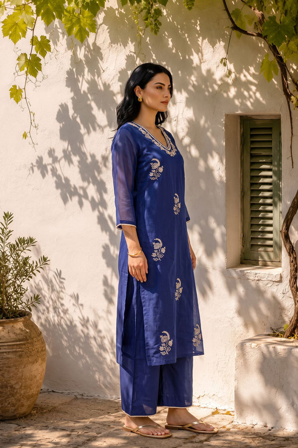 Navy Blue Embroidered Chanderi Straight Kurta