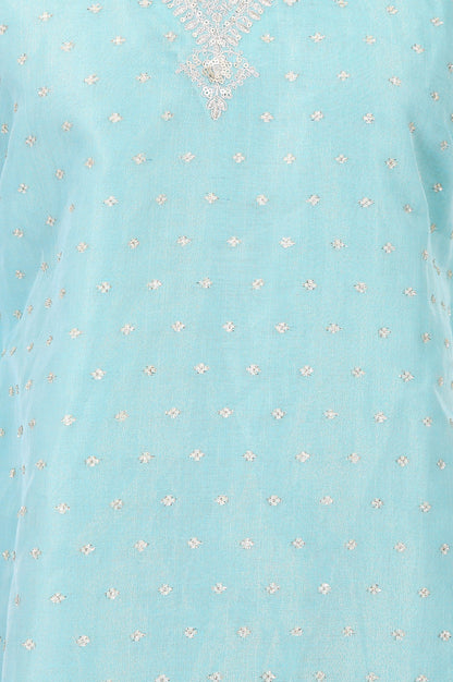 Turquoise Blue Yarn Dyed Ethnic Motifs Zari Straight Kurta