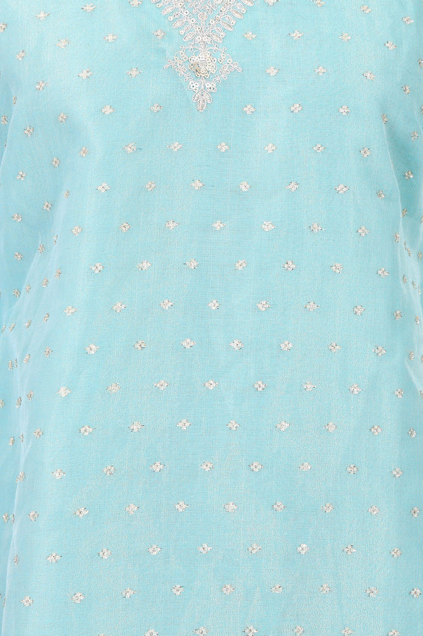 Turquoise Blue Yarn Dyed Ethnic Motifs Zari Straight Kurta