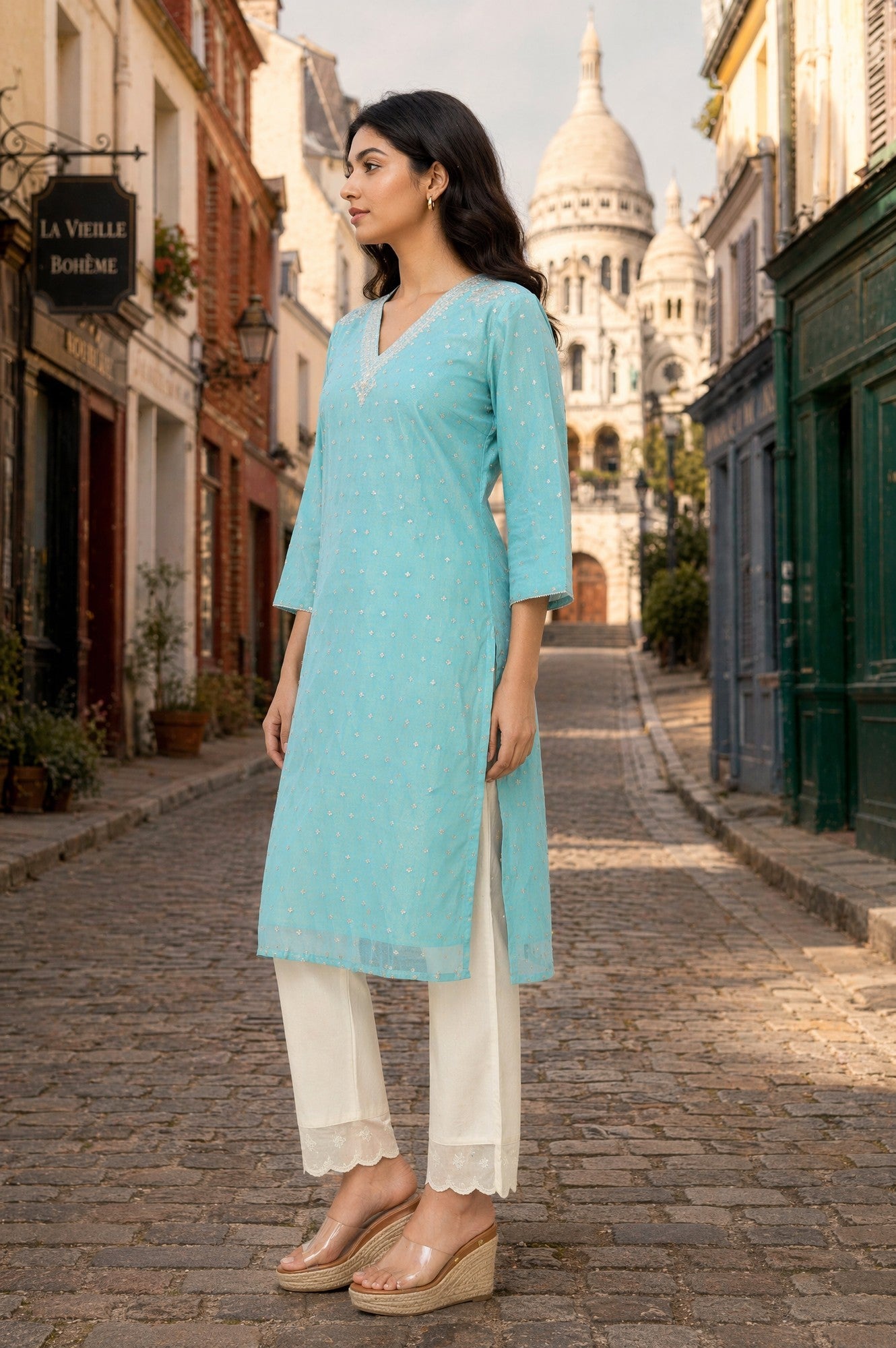 Turquoise Blue Yarn Dyed Ethnic Motifs Zari Straight Kurta