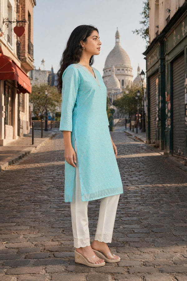 Turquoise Blue Yarn Dyed Ethnic Motifs Zari Straight Kurta