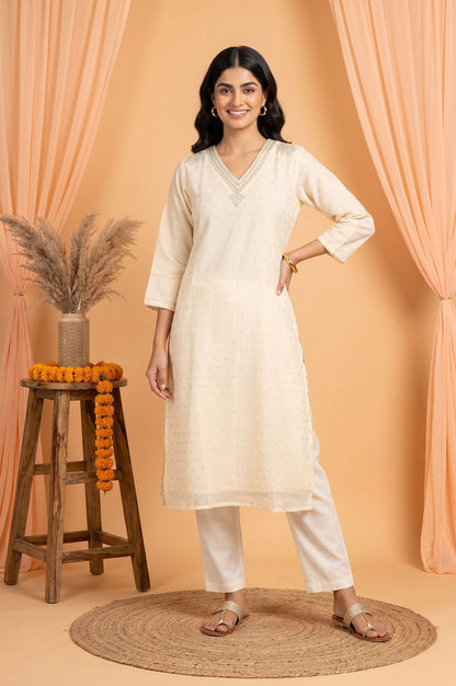 Off White Embroidered Sequin Straight Kurta