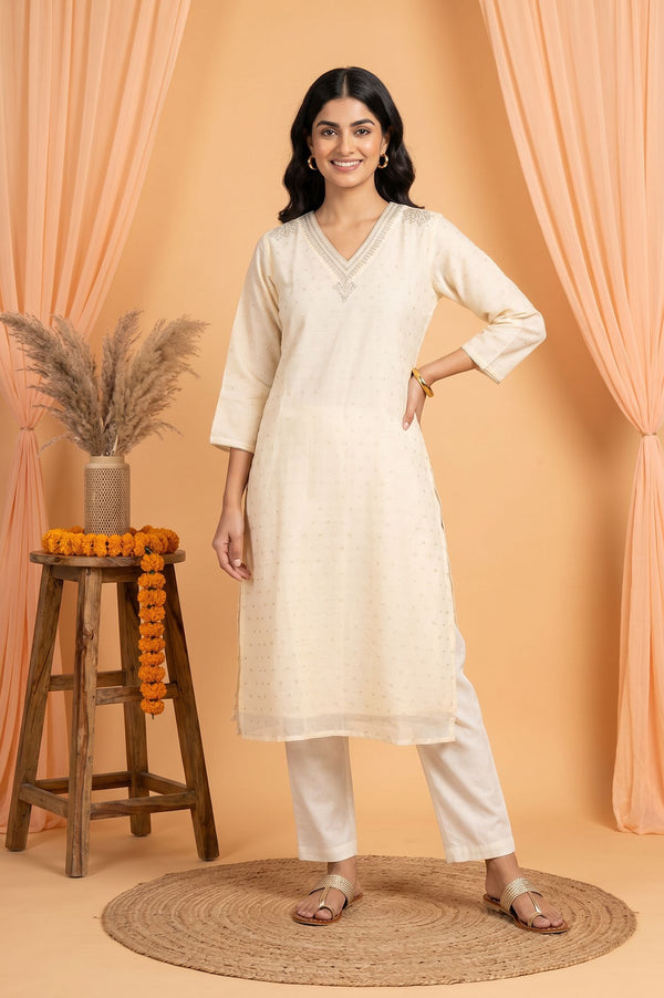 Off White Embroidered Sequin Straight Kurta