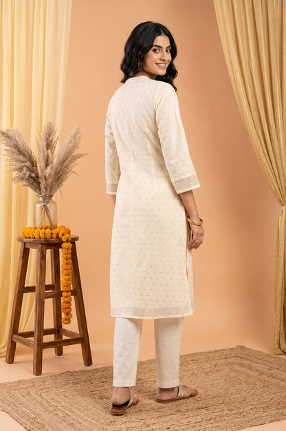 Off White Embroidered Sequin Straight Kurta