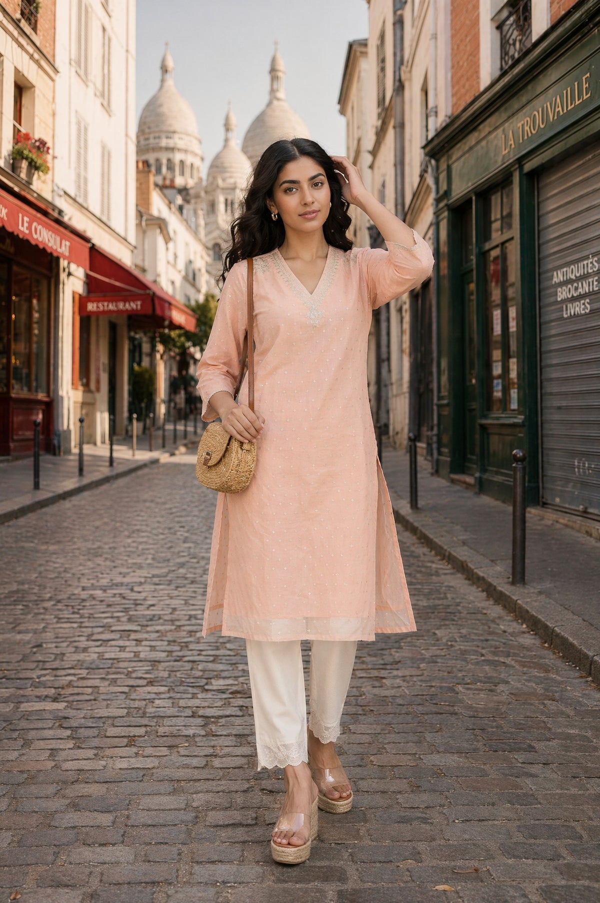 Peach Yarn Dyed Zari Sequins Straight Kurta - M
