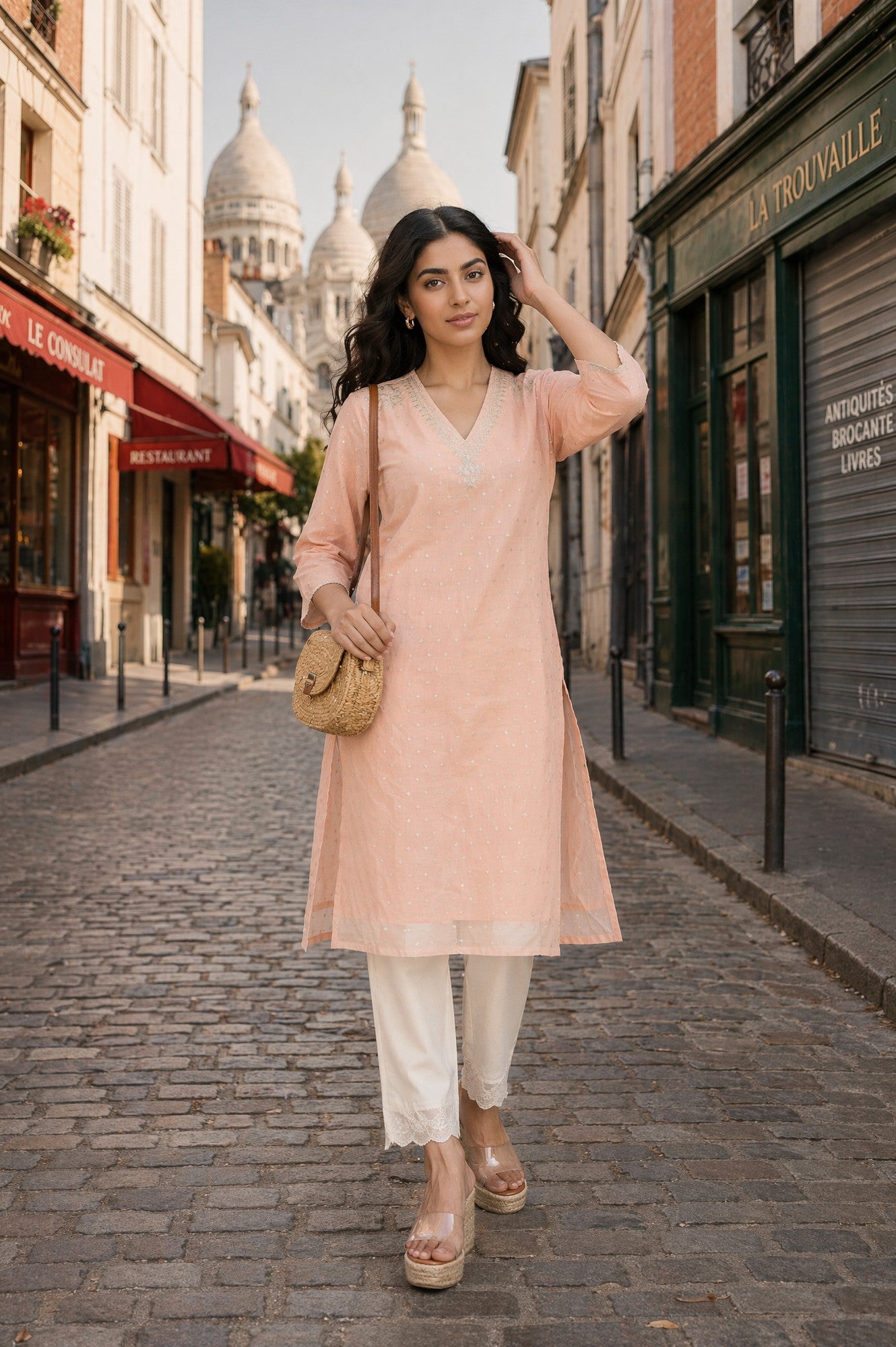 Peach Yarn Dyed Zari Sequins Straight Kurta