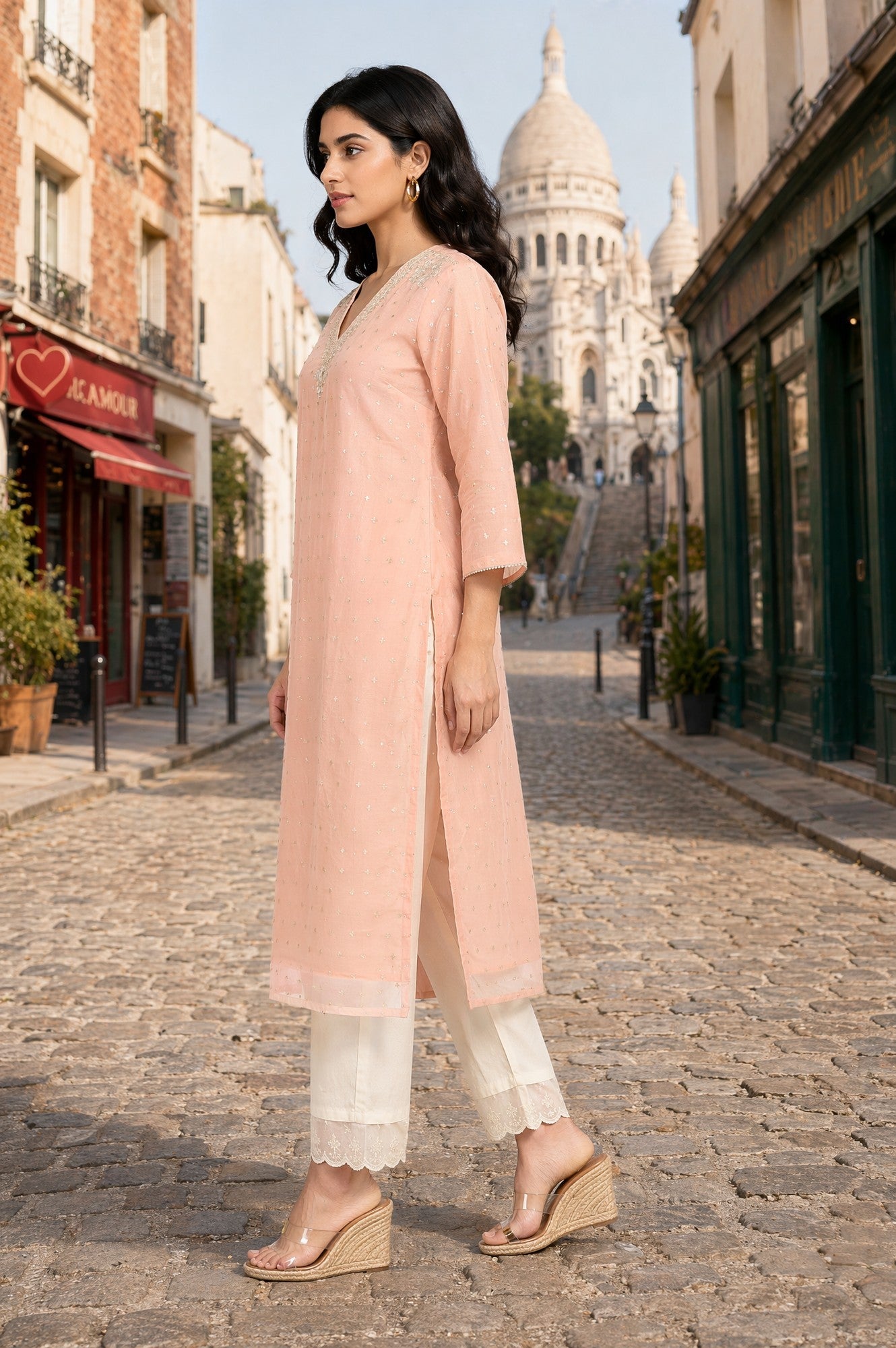 Peach Yarn Dyed Zari Sequins Straight Kurta