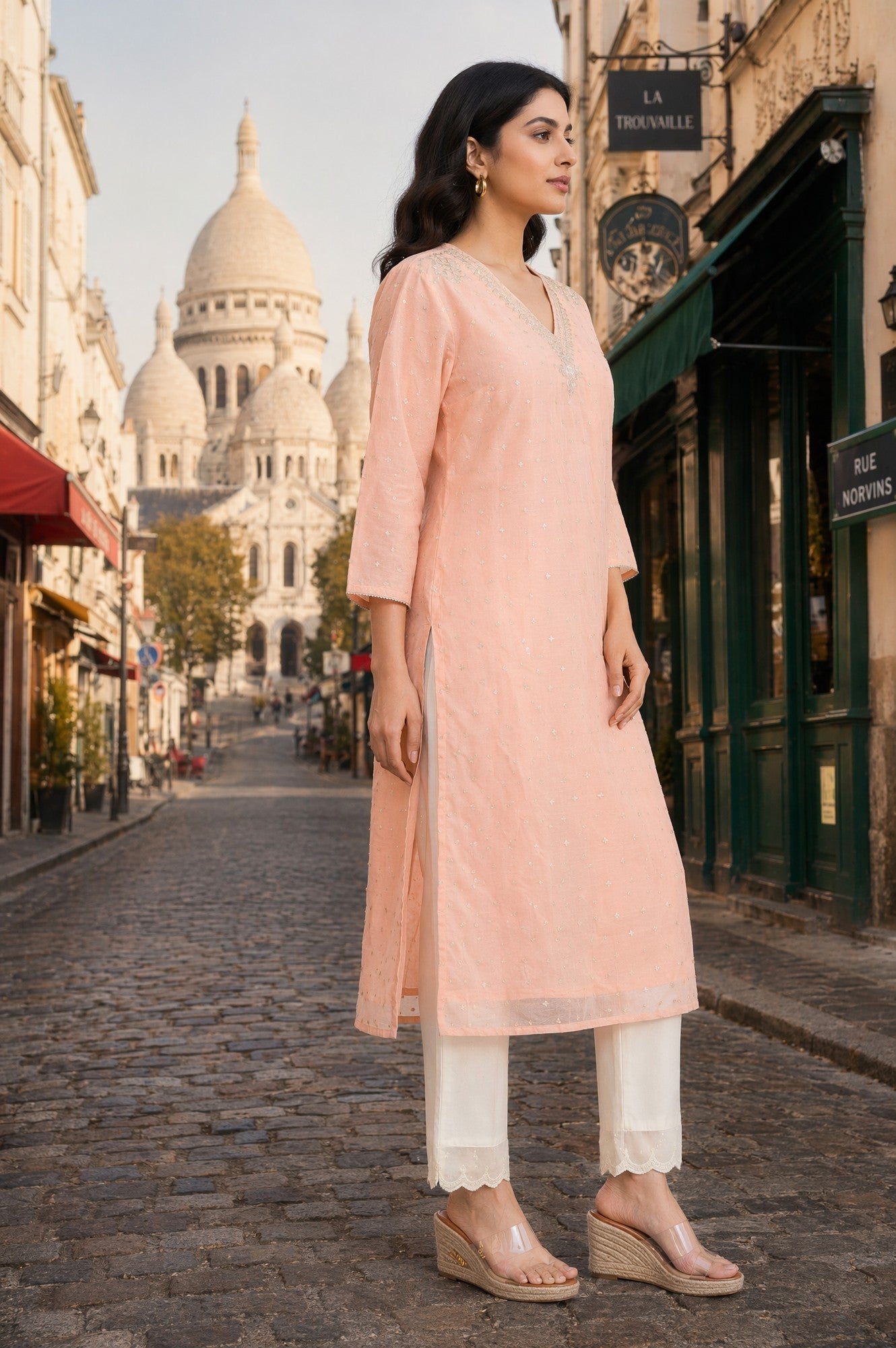 Peach Yarn Dyed Zari Sequins Straight Kurta