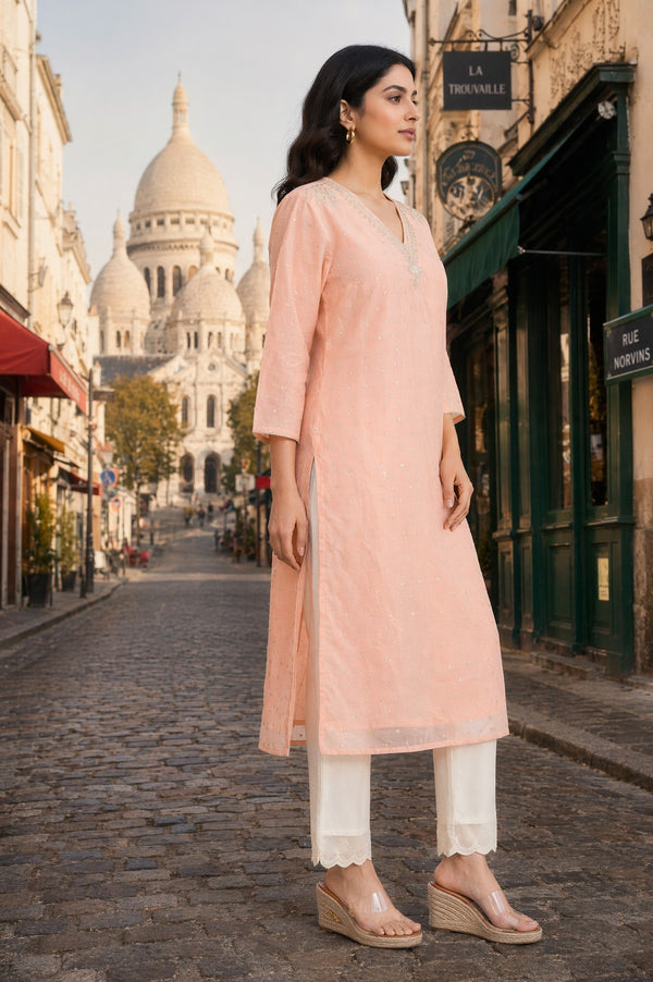 Peach Yarn Dyed Zari Sequins Straight Kurta
