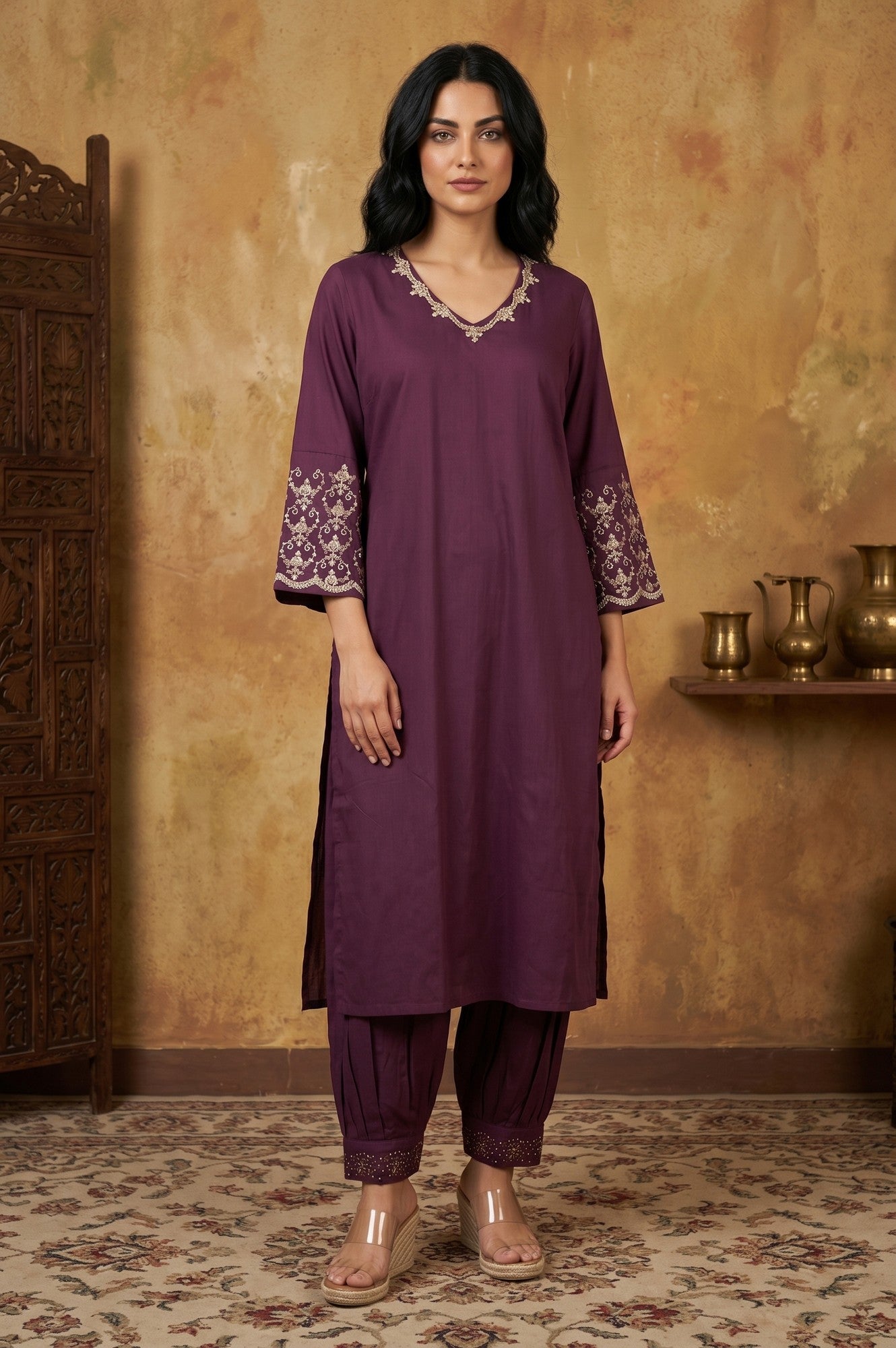 Purple Embroidered Straight Kurta