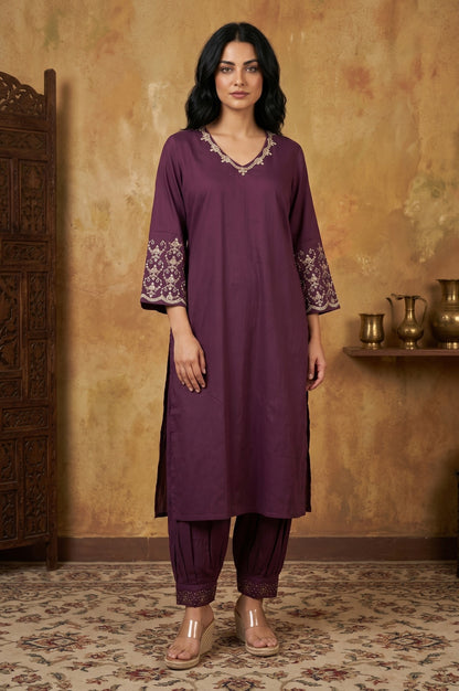 Purple Embroidered Straight Kurta