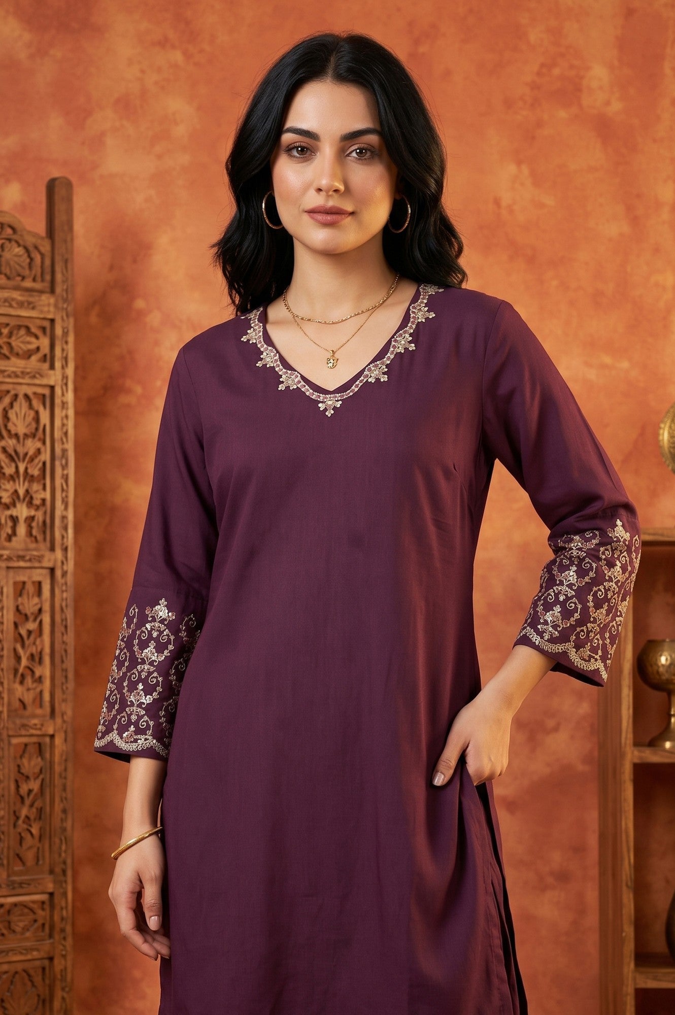 Purple Embroidered Straight Kurta