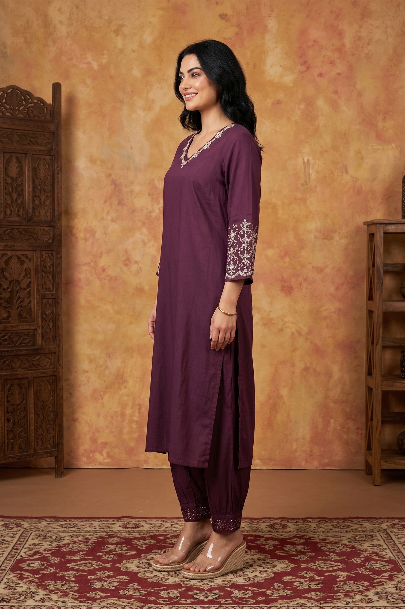 Purple Embroidered Straight Kurta
